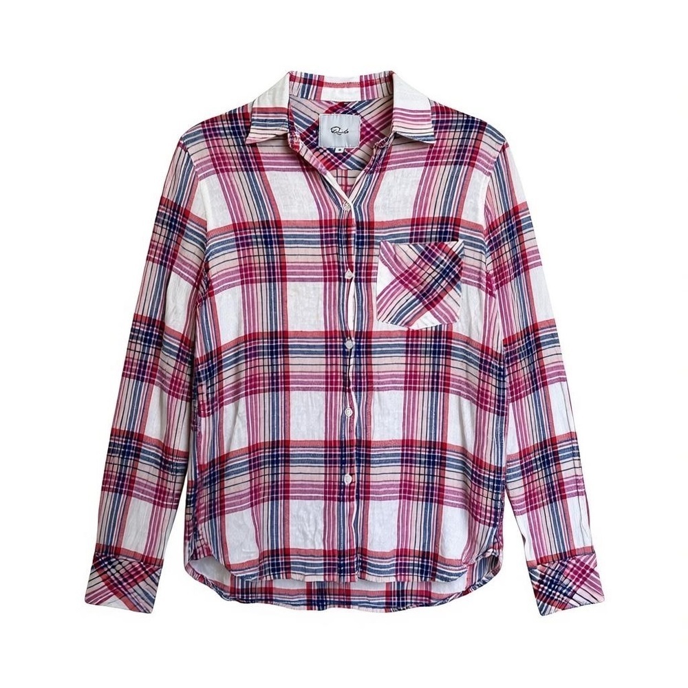 Rails Charli White Peach Fuschia Button Up Top Size XS Plaid Americana Cabincore
